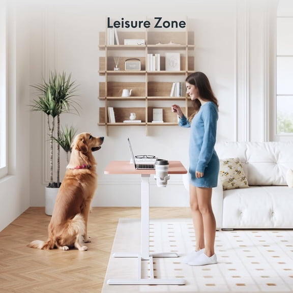 Mobile Standing Desk with Wheels Pneumatic Laptop Desk Rolling Computer Cart Movable Height Adjustable Small Sit Stand Computer Workstations Home Use Pink