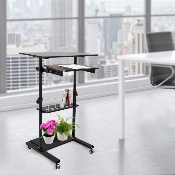 Mobile Standing Desk With 4 Countertops, Stand Up Work Station, Stand Up Desk CartAdjustable Table Height Black