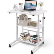Mobile Standing Desk on Wheels Adjustable Height Rolling Computer Table with Storage Shelves for Home Office Study Small Spaces White