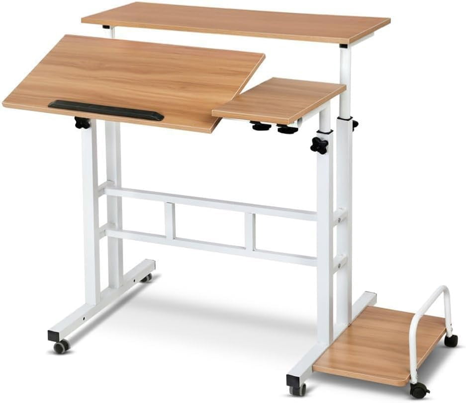 Mobile Standing Desk with Adjustable Height – Large Workspace and Charging Station – Rolling, Locking Casters – Light walnut