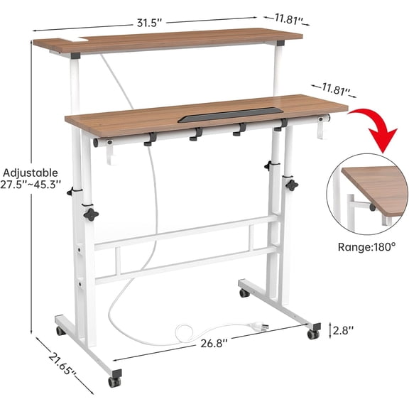 Mobile Standing Desk with USB Ports, Adjustable Height Rolling Laptop Cart for Home Office Workstation
