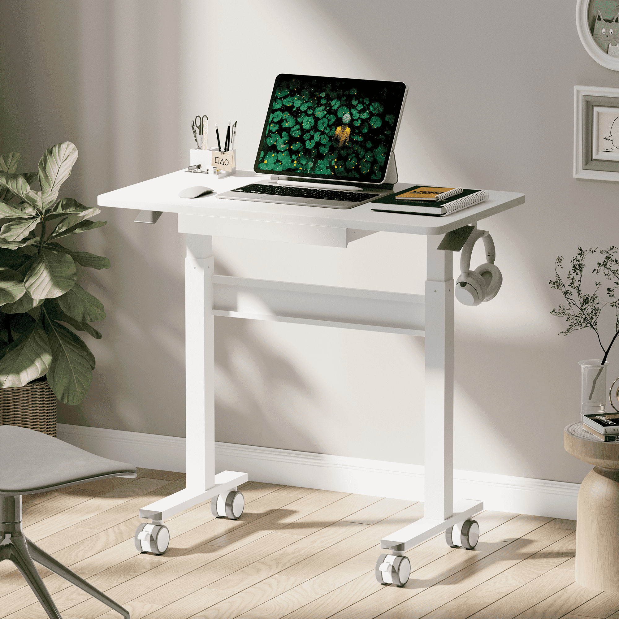 WHIFEA Mobile Standing Rolling Desk – White Sit Stand Up Desk with Drawer, Pneumatic Height Adjustment, Lockable Wheels, Adjustable Home Office Desk for Computer & Walking Pad