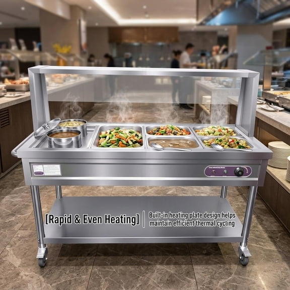 Mobile Steam Table Food Warmer, Silver Electric Buffet Server, 1800W Heating, 5 Pans 2 Pots, With Undershelf for Hotel, Banquet