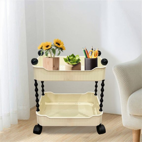 Mobile Storage Cart with Lockable Wheels - 2-Tier Plastic Rolling Utility Trolley for Snack, Fruit, Kitchen, Bathroom Organization, White, 15.75x12.99x9.06 Inches
