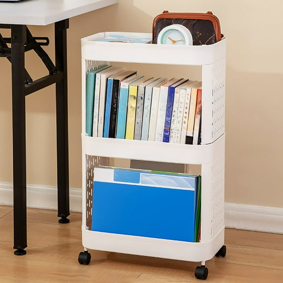 Mobile Storage Cart with Wheels, Staron Heavy Duty Plastic Trolley Rack for Office Kitchen Bathroom, Portable Under Desk Rolling Organizer with Locking Casters, White