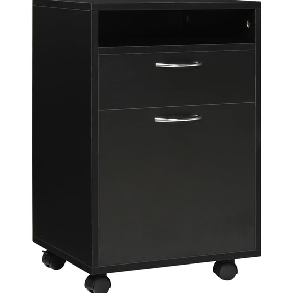 Mobile Storage Chest With Drawer And Cabinet, Black. Ample Room For Items, Moves Easily Castors, Fits Desk Area, Construction Office Cabinet In Black Printer Stand. Volume, Smoothly, Under Desk,