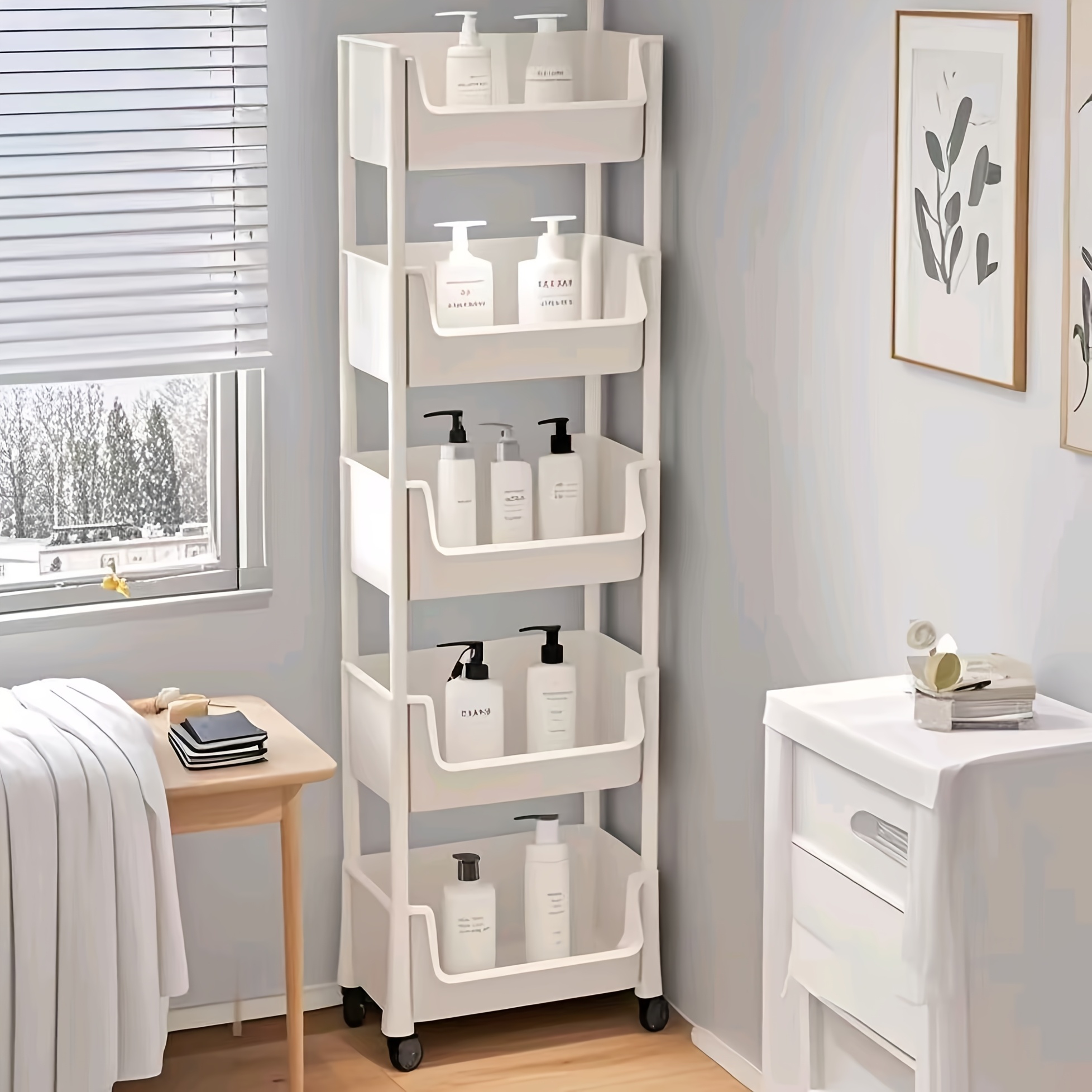 Mobile Storage Rack 5-Tiers White Dimensions: 15W x 12D x 35H with ...
