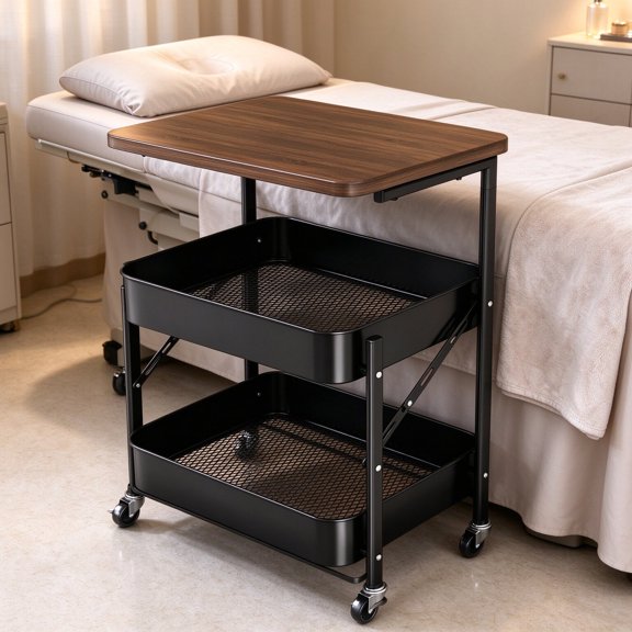 Mobile Storage Trolley 2 Tier, Rolling Cart with Wood Top and Metal Mesh Baskets, Side Table, 29.14x17.72x11.61in