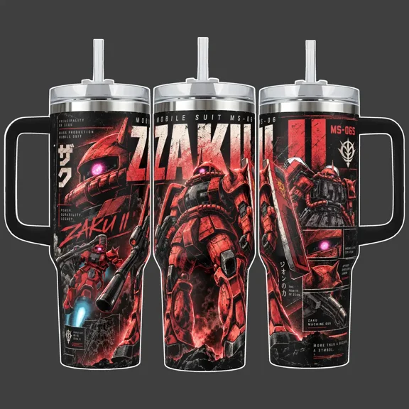 Mobile Suit Gundam Chars Zaku II Red Mecha Anime Tumbler Cup, Black Full Wrap Stainless Steel Insulated /40oz With Straw Lid Included, 40oz Handle Option