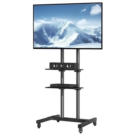 Mobile TV Cart for 32 to 70 inch TVs, Height Adjustable Portable TV Stand with Wheels and Double Tray for Audio-Visual Devices, Rolling TV Stand for Living Room