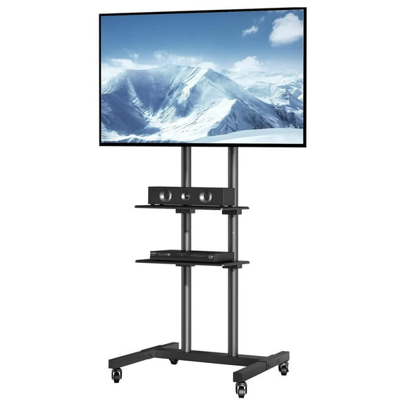 Mobile TV Cart for 32 to 70 inch TVs, Height Adjustable Portable TV Stand with Wheels and Double Tray for Audio-Visual Devices, Rolling TV Stand for Living Room