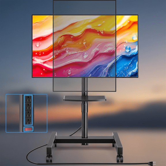 Mobile TV Cart with Power Outlet for 13-50 Inch TVs, Tilting Rotating Floor Stand with Adjustable Height and Shelf, Supports 55 lbs and VESA 200x200mm for Landscape or Portrait Viewing