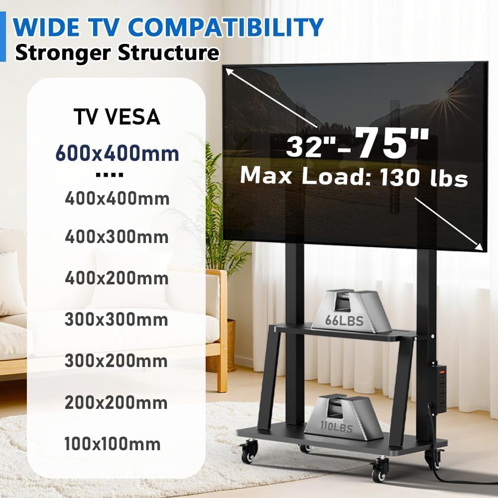 Mobile TV Cart with Power Outlet, Rolling TV Stand on Wheels for 32-75 inch Television, Height Adjustable, 15 °   Viewing Angle,  130LBS, Vesa 600x400
