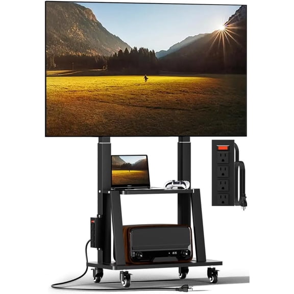 Mobile TV Cart with Power Outlet, Rolling Stand on Wheels for 32 to 65 70 75 83 inch TV, Height Adjustable,Holds up 130LBS, Vesa 600400mm.