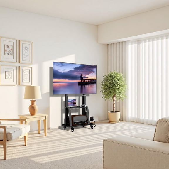 Mobile TV Cart with Power Outlet, Rolling TV Stand on Wheels for 32 to 65 70 75 83 inch TV, Height Adjustable,Holds up to 130LBS, Vesa 600×400mm.