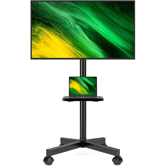 Mobile TV Stand for 23-60 Inch LCD LED Flat/Curved Screen TVs, TV Cart Holds up to 77Lbs, Rolling TV Stand with Tilt, Height Adjustable, Pole TV Floor Stand with Shelf Max VESA 400x400mm
