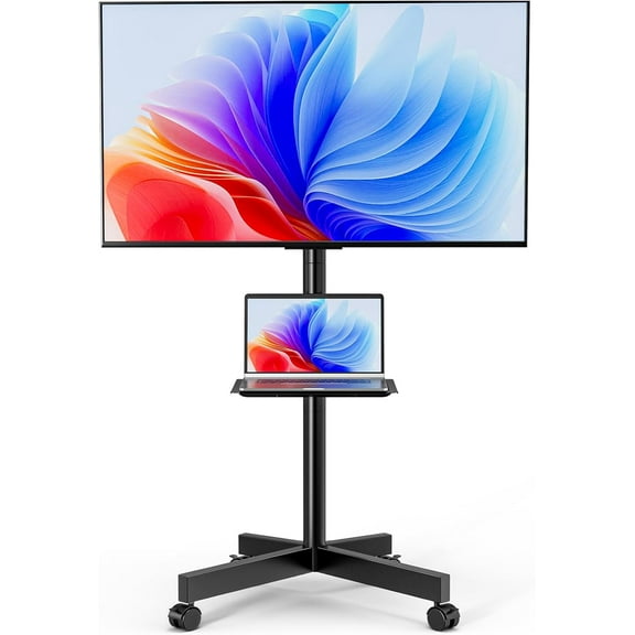 Mobile TV Stand for 23-65 Inch LCD LED Flat/Curved Panel Screen TVs, Height Adjustable Rolling Floor TV Cart with Tilt Mount and Shelf, Portable Stand Holds up to 110 lbs, Max VESA