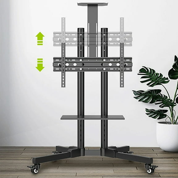 Mobile TV Stand For 32-65 Inch TVs, -15°~+15 Tilt TV Cart Holds Up To 110Lbs, Rolling Mobile Floor Movable Monitor Holder With Laptop Shelf For Living Room