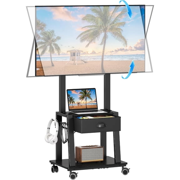 Mobile TV Stand with Drawer for 23-60 Inch Flat/Curved Screen,Tilt Rolling TV Cart on Wheels with 2 Shelves Adjustable Height Portable TV Stand Holds up to 50 lbs for Indoor Outdoor Ma