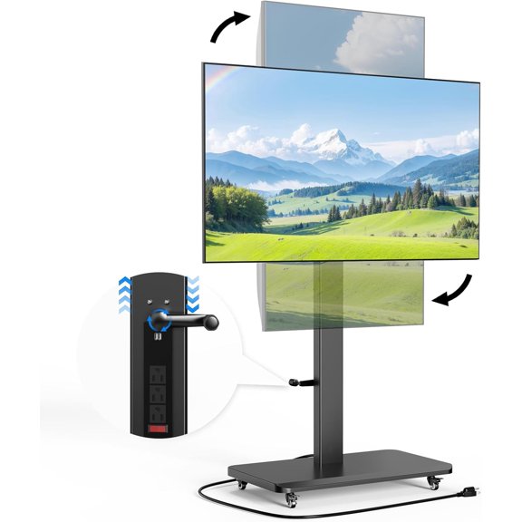 Mobile TV Stand with Power Outlet, Height Adjustable Handle Stepless Lift,Rolling for 32-75inch TVs 90 Rotating,Portrait to Landscape,TV Cart Wheels Holds up 110lbs ()