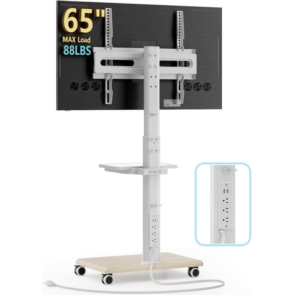 Mobile TV Stand with Power Outlets&Shelf, Floor Portable TV Stand with Wheels for 27-65Inch LCD LED OLED Flat/Curved Panel Screen, Swivel,Height Adjustable& Base, RollingTV Cart White
