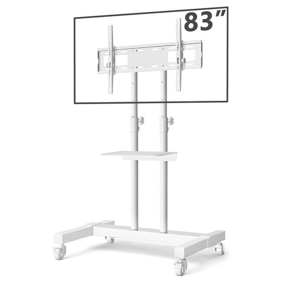Mobile TV Stand Rolling TV Cart Floor Stand with Mount on Lockable Wheels Height Adjustable Shelf for 32-83 Inch TV Stand Flat Screen or Curved TVs Monitors Display Trolley Loading 110 lbs, White