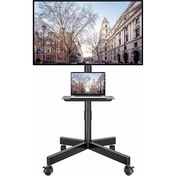 Mobile TV Stand with Tilt Function, Rolling TV Cart for 3285 Inch LED LCD OLED Flat & Curved TVs, Portable Stand with Laptop Shelf, Locking Wheels, Max VESA 600x400mm, 132 lbs Capacity, Black