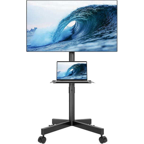 Mobile TV Stand for 23-60 Inch TVs, Rolling with Locking Wheels, Adjustable Height, Media Shelf, Max VESA 400x400mm, Holds Up to 88lbs