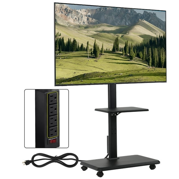 Mobile TV Stand with Power Outlet, Height Adjustable Portable TV Stand on Wheels
