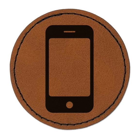 Mobile Tablet Phone 2.5" Faux Leather Round Engraved Iron-On Patch - Brown