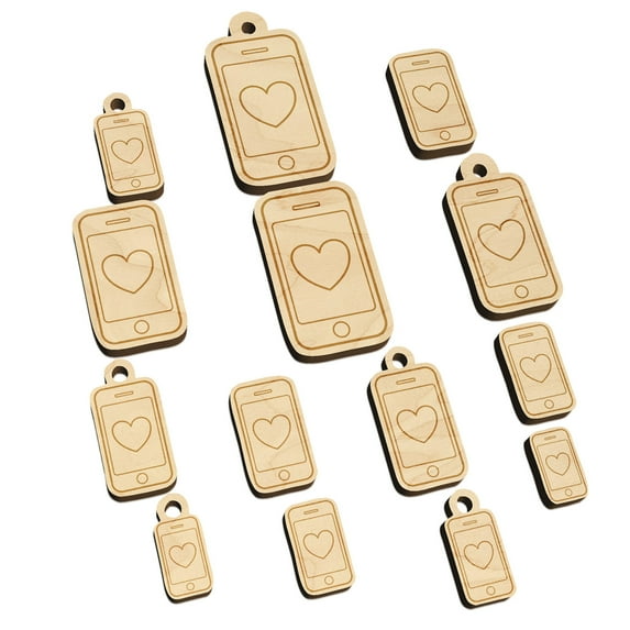 Mobile Tablet Phone Outline With Heart Wood Mini Charms Shapes DIY Craft Jewelry - With Hole - 25mm (7pcs)