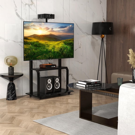 Mobile Tv Stand with Camera Shelf, Av Shelves, 32-80 Inch Tvs, 4 Lockable Wheels, Metal Frame