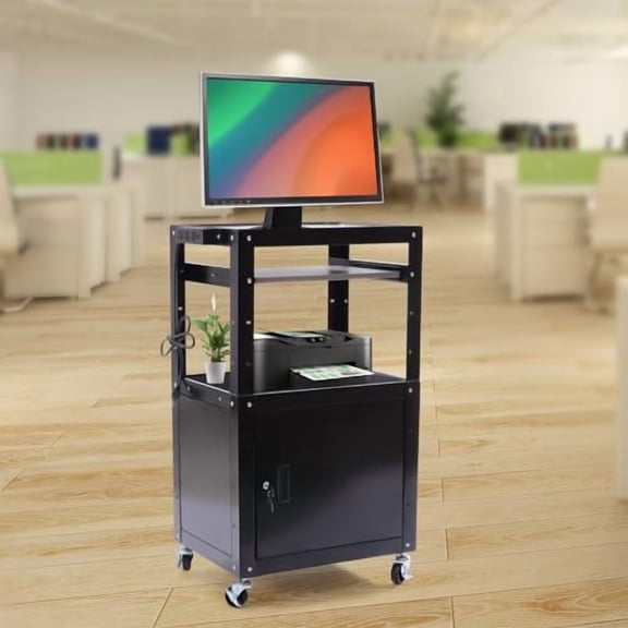 Mobile Utility AV Cart, Steel Presentation AV Cart with Pullout Keyboard Tray & Locking Cabinet, Height Adjustable Rolling Computer Cart TV Display Stand with Storage for Video Projectors
