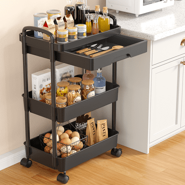 Rolling Utility Cart with Drawer 3 Tier, Plastic Rolling Cart with Handle & Lockable Wheels, Storage Shelves Organizer Cart, Multifunctional Storage Cart for Kitchen Bathroom Office Living Room Black