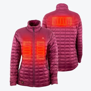 Mobile Warming Backcountry Heated Jacket for Women, PrimaLoft Insulated, USB-C Battery, Bluetooth, Burgundy, Large
