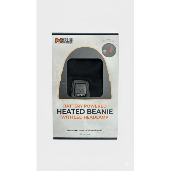 Mobile Warming Men's Battery Powered Heated Beanie W/ LED Headlamp Heat Over the Ears - Black