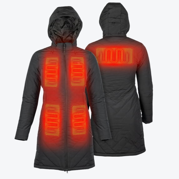 Mobile Warming Meridian Heated Jacket for Women, Knee-Length with Removable Hood, 5 Heat Zones, Black, 2XL