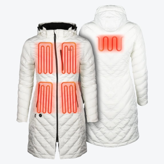 Mobile Warming Meridian Heated Jacket for Women, Knee-Length Coat, Heated Hand Pockets, 7.4V Battery, Cream, XL