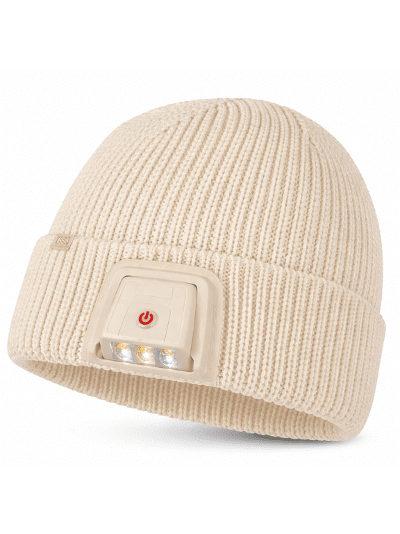 Womens Battery Powered Heated Beanie with Built-In LED Headlamp, One Size, Cream/Off White