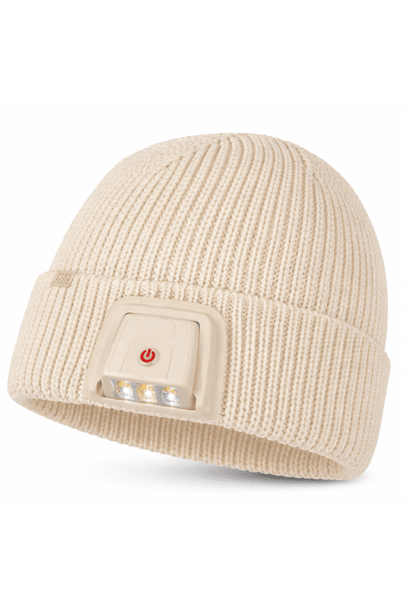 Womens Battery Powered Heated Beanie with Built-In LED Headlamp, One Size, Cream/Off White