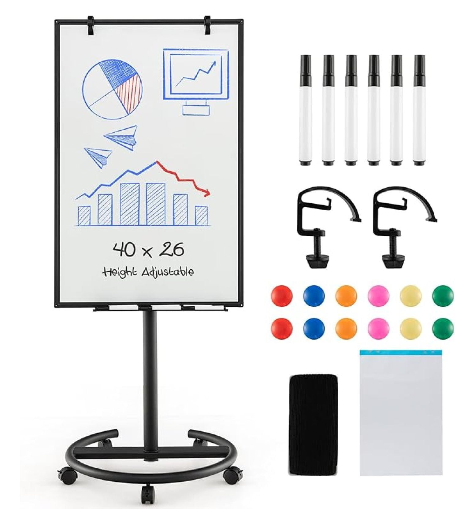 Mobile White Board Dry Erase, 40x26” Rolling Magnetic Whiteboard W/Adjustable Stand, Dry Whiteboard Eraser, 2 Flipchart , 25 Sheets Paper Pad, 6 Markers, Standing Portable White Board