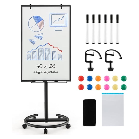 Mobile White Board Dry Erase, 40x26 Rolling Magnetic Whiteboard W/Adjustable Stand, Dry Whiteboard Eraser, 2 Flipchart , 25 Sheets Paper Pad, 6 Markers, Standing Portable White Board