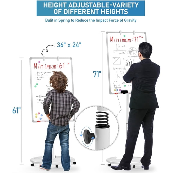Mobile Whiteboard 36"x 24" Magnetic Dry Erase Board, Height Adjustable Standing Easel With 5 Wheels, Flipchart Hooks, Rolling for Office Home or Classroom Teaching