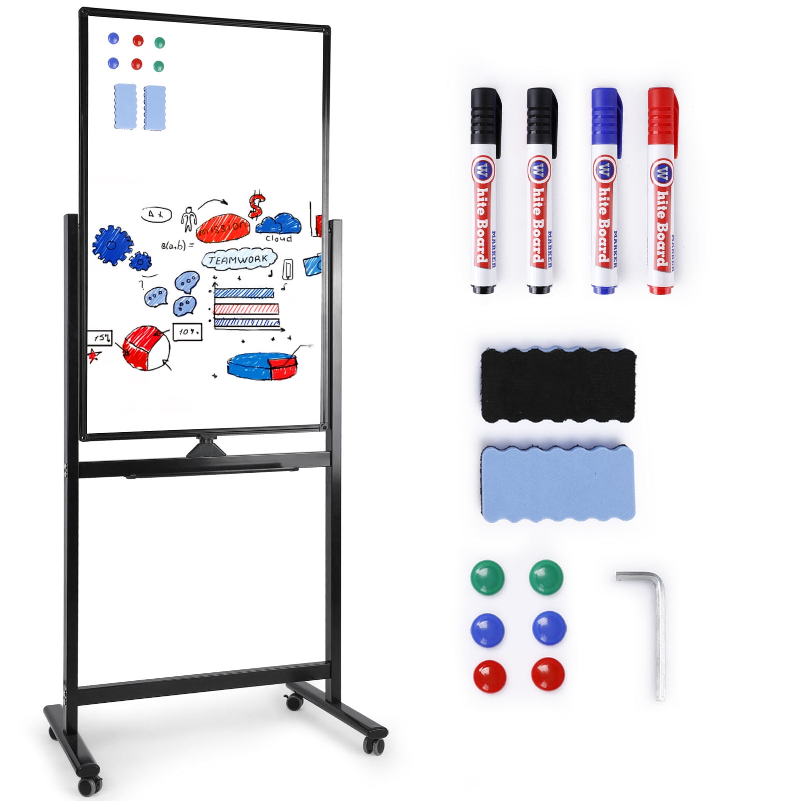 Mobile Whiteboard, 40x24 inches Double Sided Reversible Whiteboard on  Wheels, Rolling Stand Portable Easel Frame for Office Classroom Home, with  4 Markers, 6 Magnets, 2 Erasers 
