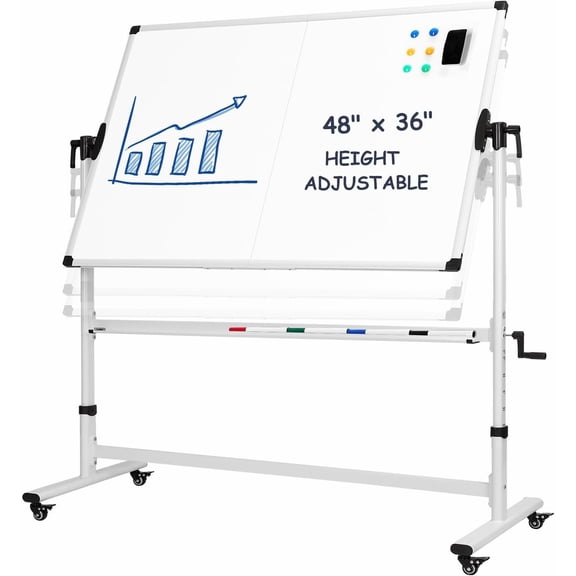 Mobile Whiteboard 48 X 36 Inches Height Adjustable Large Standing White Board Wheels, Rolling Double-Sided Dry Erase Board for Office School Classroom