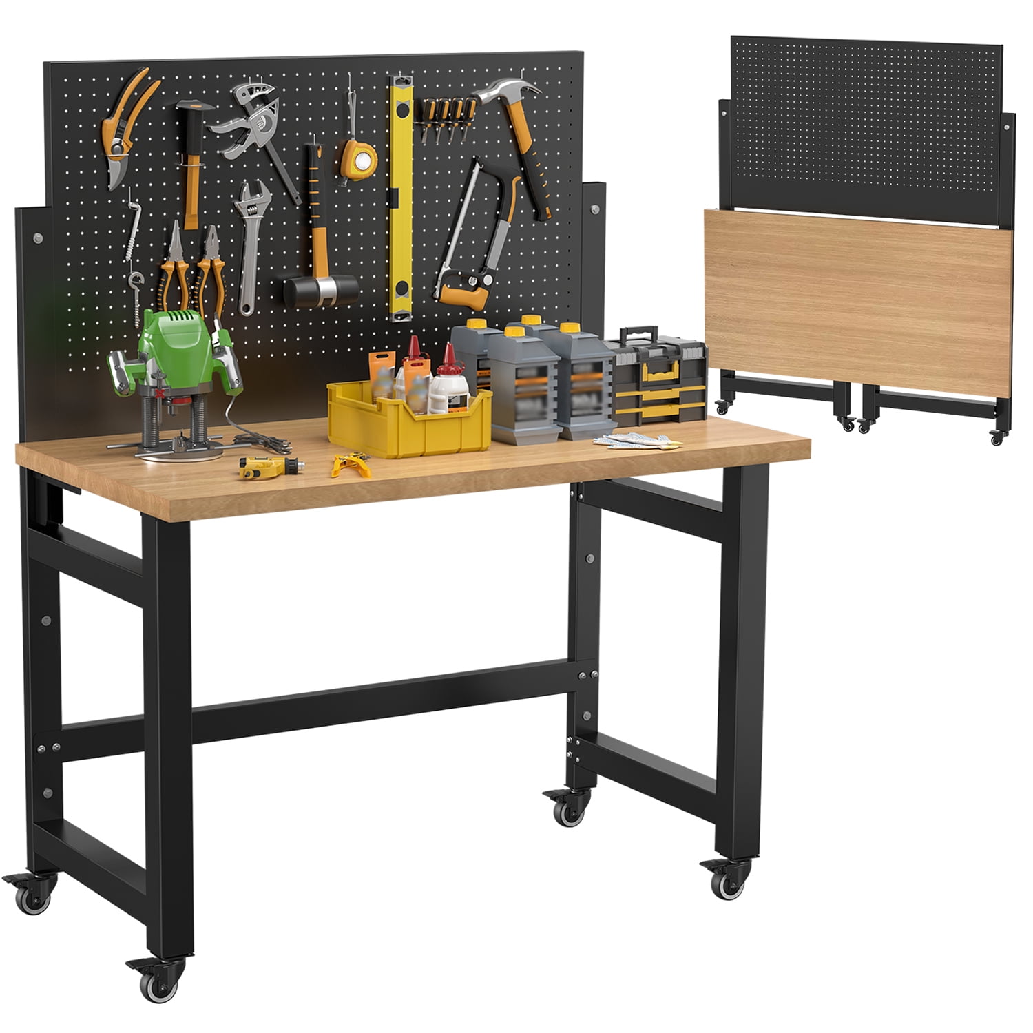 Mobile Work Bench with Pegboard, Heavy Duty Folding Work Table with Wheels, Space Saving Wood Top Tool Storage Rolling Desk for Garage, Workshop, Home Studio 59"H x 47.2"W x 23.6"D
