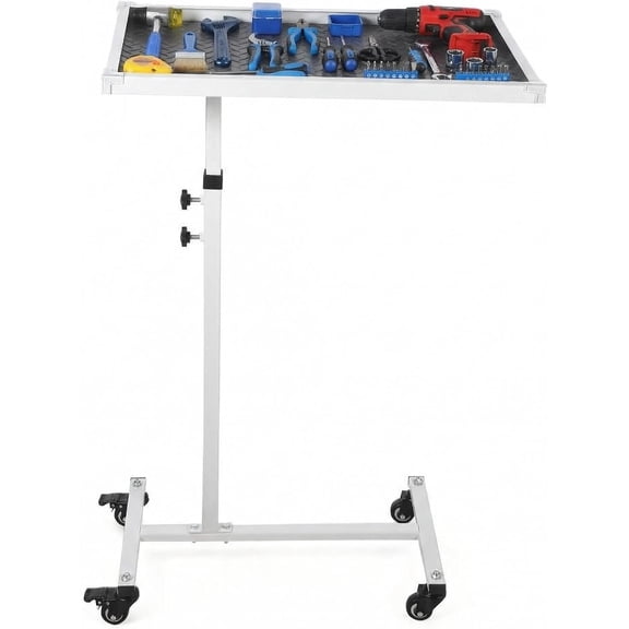 Mobile Work Table with Wheels 220LBS Height Adjustable Rolling Tool Tray Steel Mechanic Cart for Garage Automotive Repair DIY Workshop Heavy Duty, White
