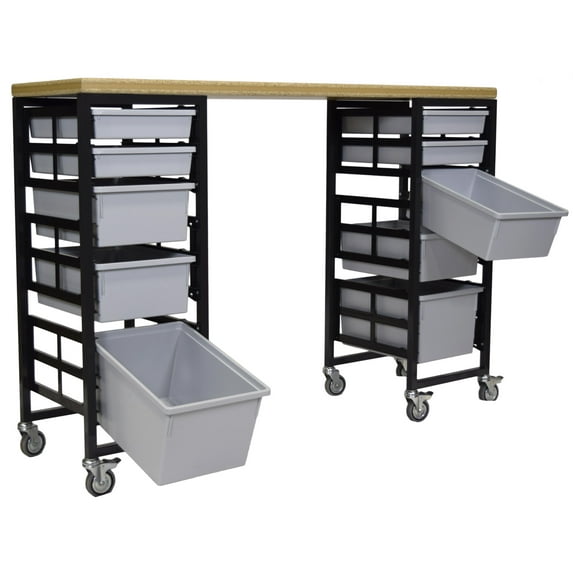 Mobile Workbench Storage Station w/Wood Top -10 StorSystem Trays-Gray
