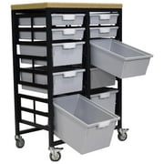 محطة تخزين طاولة العمل المتنقلة مع أعلى الخشب -10 صواني StorSystem-Grey