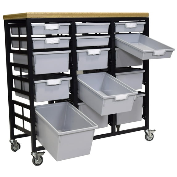 Mobile Workbench Storage Station w/Wood Top -15 StorSystem Trays-Grey